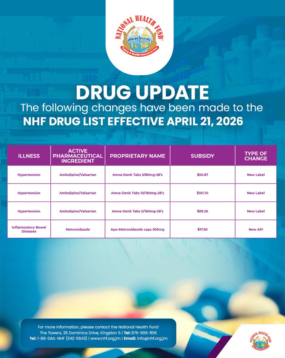 🔔 Drug Update

Effective April 21, 2026, updates have been made to the NHF Drug List to improve access to essential medications.

New labels have been introduced for Amlodipine/Valsartan combinations used in the treatment of hypertension, and Metronidazole has been added as a