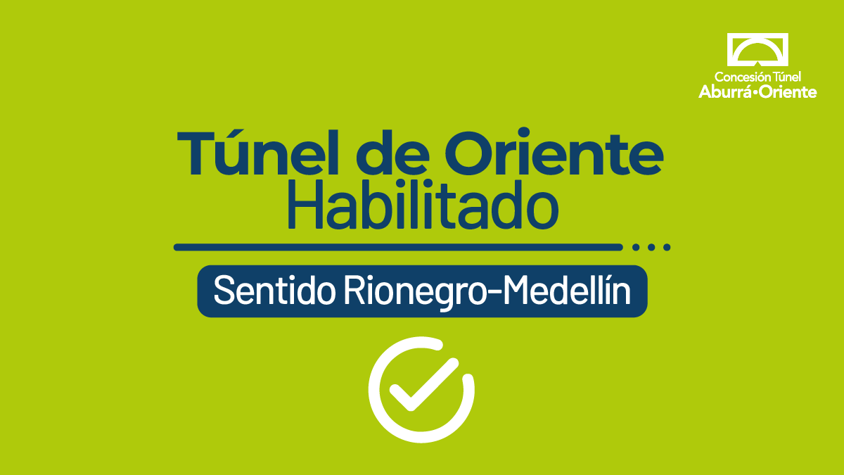 ConcesionTAO's tweet image. (17:44) 🟢 #AEstaHora se encuentra habilitado el Túnel de Oriente, en sentido Rionegro - Medellín

💡 

@GobAntioquia @ObrasAntioquia #TúnelDeOrienteHoy