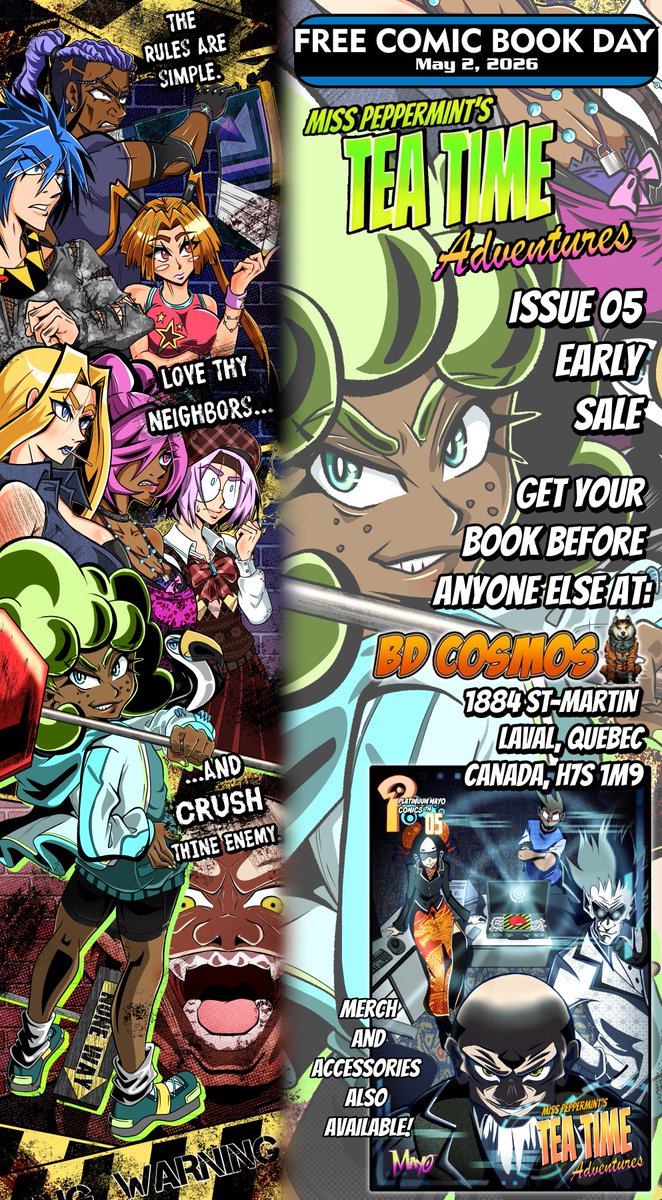 PlatinuumM's tweet photo. If you're in Montreal this weekend and you're making your rounds for #freecomicbookday , drop by @BdCosmos where I'll be selling physical copies of my newest issue of Tea Time Adventures. Posters and accessories will also be available. Come say hi and have a good time! https://t.co/5JbOowiciR
