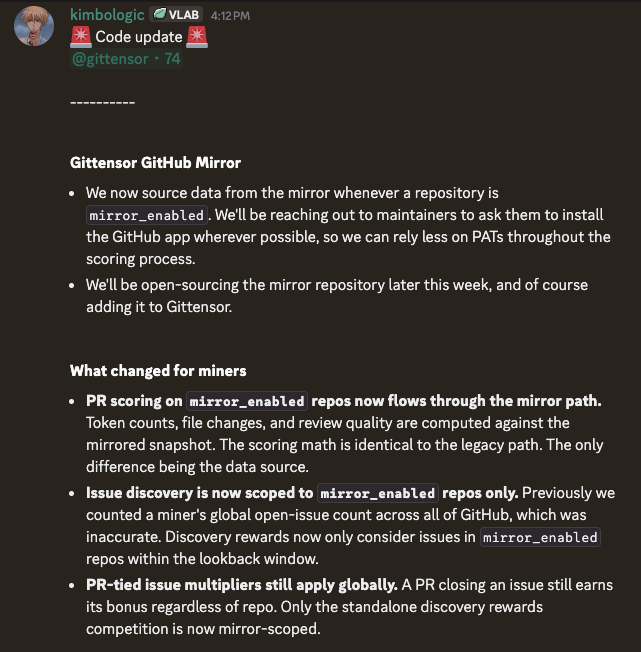 gittensor_io's tweet photo. GitHub Mirror is a data pipeline that snapshots GitHub repos into Gittensor's own database. Instead of querying GitHub's API live (which has rate limits, needs PATs, and can be slow), the mirror creates a local copy 

This makes Gittensor more autonomous and less dependent on GitHub's API, more consistent scoring, and sets up for more sophisticated agentic workflows to operate