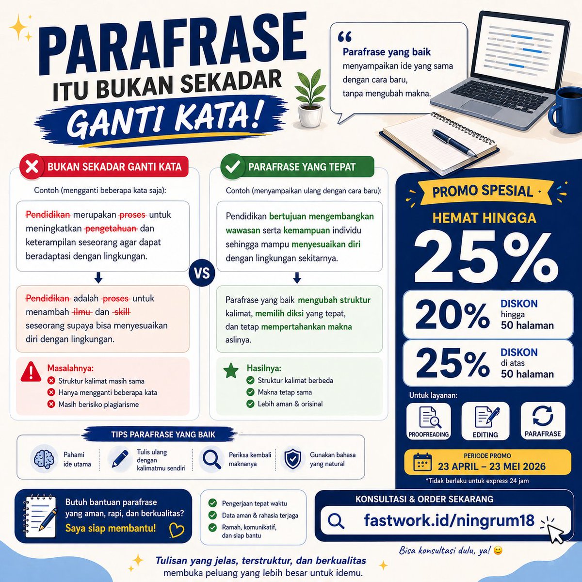 Ningrum1806's tweet photo. Parafrase itu bukan sekadar ganti kata.

Kalau masih mirip → masih berisiko.

Aku bantu rapikan jadi lebih aman &amp; jelas.

✨ Bisa coba 1 halaman dulu
✨ Bisa mulai hari ini

👉 https://t.co/XVSJZr2us1

#parafrase #editing #proofreading #penerjemahan https://t.co/AIyXL6PAU6