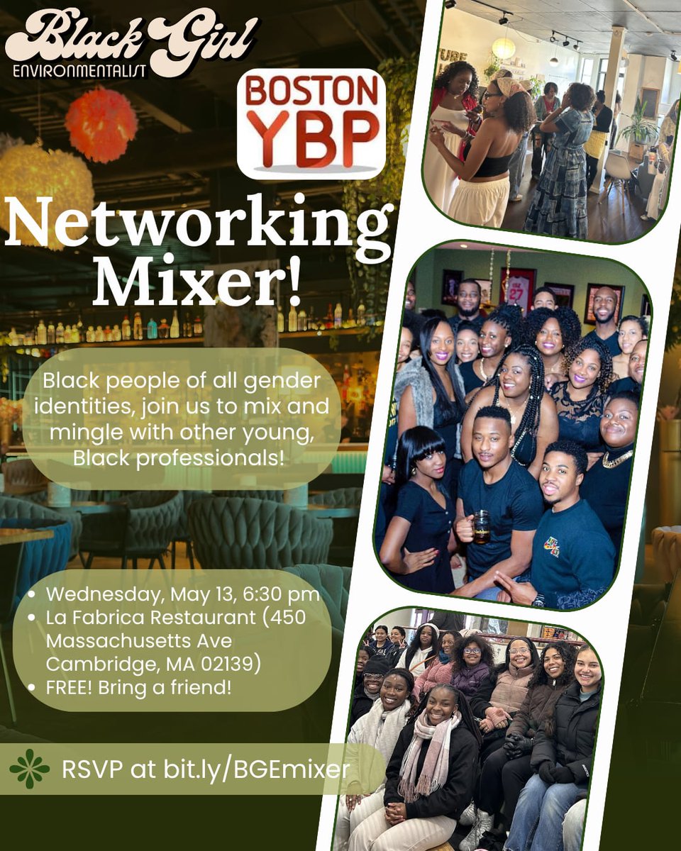 Join Boston Young Black Professionals (Boston YBP) and Black Girl Environmentalist for an evening of connection, community, and conversation at our upcoming mixer! This free event is designed to bring together young Black professionals across industries.