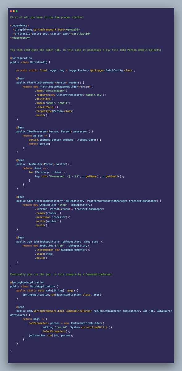 mario_casari's tweet image. 🚀 Spring Boot: An efficient way of handling large CSV files is by using Spring Batch features.

Spring Batch is configurable with options like:

✅ Chunking
✅ Parallelism
✅ Retry

#SpringBoot #SoftwareDevelopment