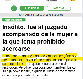 San Luis 
Su pareja lo denunció x VdG y la fiscalía pretendía acusarlo por abusar de su hija

Fueron los 3 juntitos al juzgado a levantar la denuncia🤣

Lo detuvieron x violar la orden de restricción
<a href="/JMilei/">Javier Milei</a>  <a href="/PatoBullrich/">Patricia Bullrich</a> <a href="/juanbmahiques/">Juan Bautista Mahiques</a> <a href="/CorteSupremaAR/">Corte Suprema de Justicia de la Nación</a> 

eldiariodelarepublica.com/nota/2026-4-27…