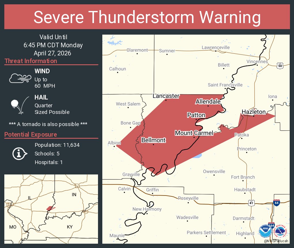 NWSPaducah's tweet photo. Severe Thunderstorm Warning including Mount Carmel IL, Allendale IL and  Bellmont IL until 6:45 PM CDT https://t.co/nLJjaqkVRM