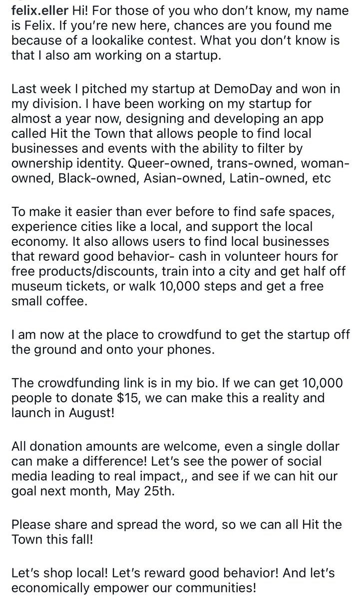 one of the hollanov lookalikes, felix eller, is working on an app that will allow people to find businesses owned by minorities to support them n find safe spaces. he’s raising money to launch the app, so donate if you can or share the link ffnd.co/kS4I9H 🫶🏻