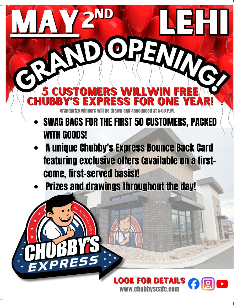 ChubbysOrem's tweet photo. 🚨FREE CHUBBY'S🚨
That's right. This Saturday May 2nd is our GRAND OPENING in Lehi from 11-2. Everybody there will receive either a Utah cheeseburger or a 3 piece chicken tender basket. Line gets cut off at 2 p.m. Don't miss out on the fun. 3156 North 1200 West Lehi. #utah https://t.co/bEACX1fmVn