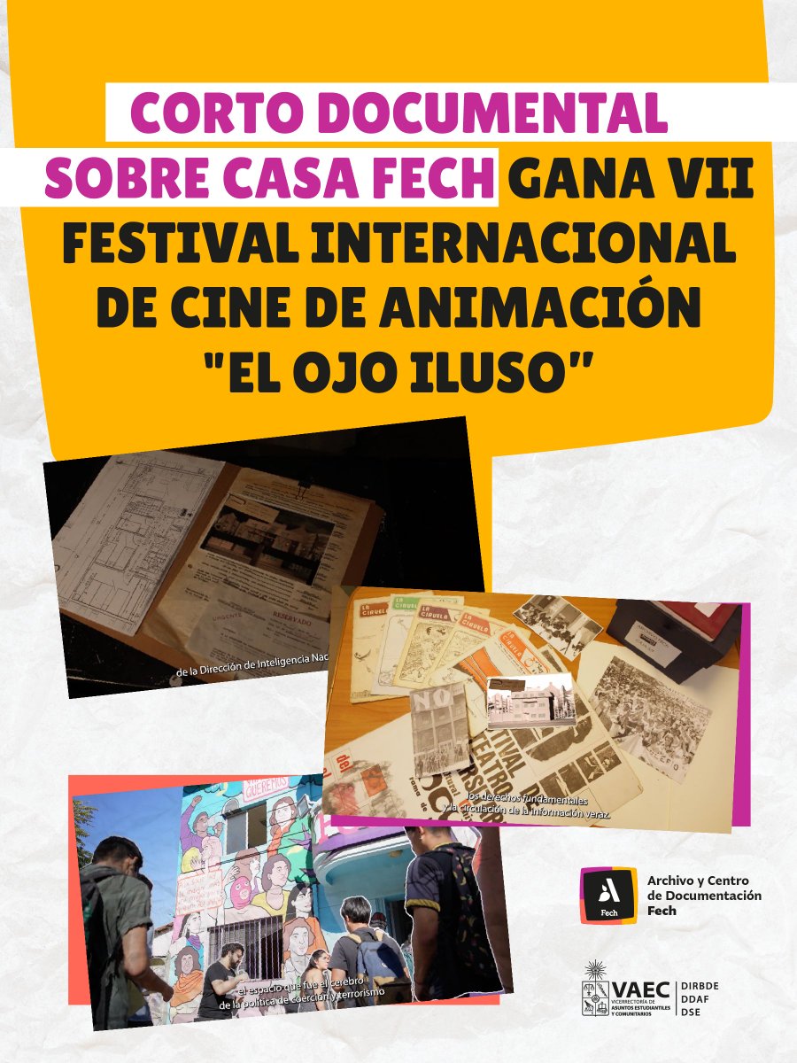 Con mucha alegría, les contamos que el cortometraje "Casa Fech, Sitio de Memoria", dirigido por Santiago Riquelme y elaborado por La Mazmorra Studio, fue premiado como "Mejor cortometraje documental" en la 7ma edición de El Ojo Iluso - Festival Internacional de Cine Animado.