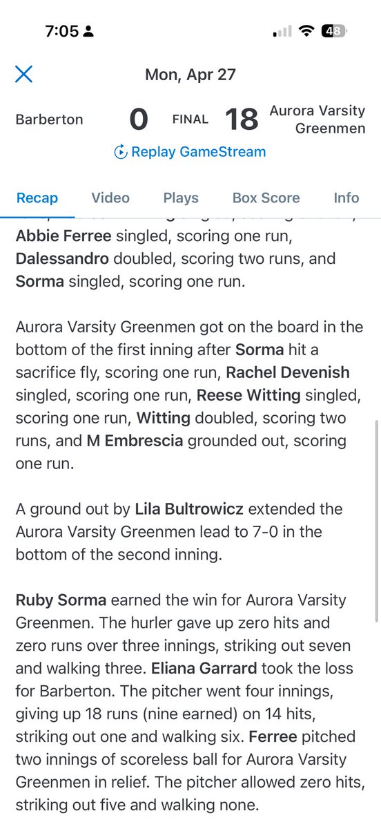 SoftballAurora's tweet photo. Aurora defeats Barberton 18-0 in 5 innings on senior night!!

@RubySorma_13 &amp; @Abbieferree17 with a combined no hitter! 

@dalessandro_jo with a triple!

Great game to honor our seniors! 

Game recap below ⬇️ https://t.co/wVzjfuxhTM
