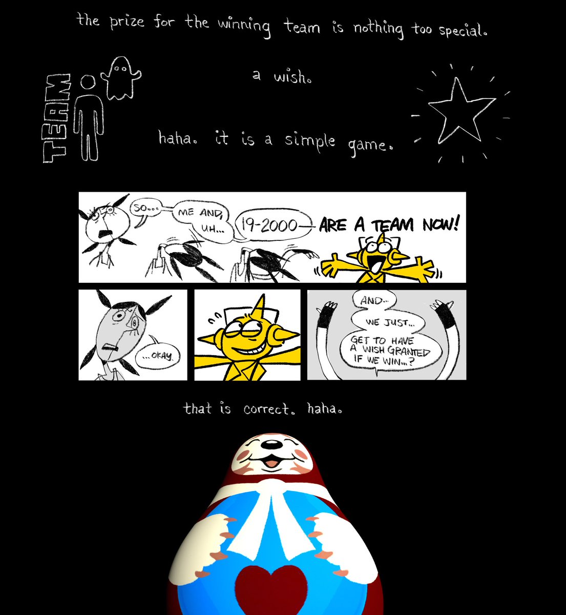 read LUNACY it involves a nesting doll that wants ghosts to possess people and fight each other &amp; i am aiming for it to become Complicated and Sad and Gay but not in a Gay Way. U Feel Me...? 