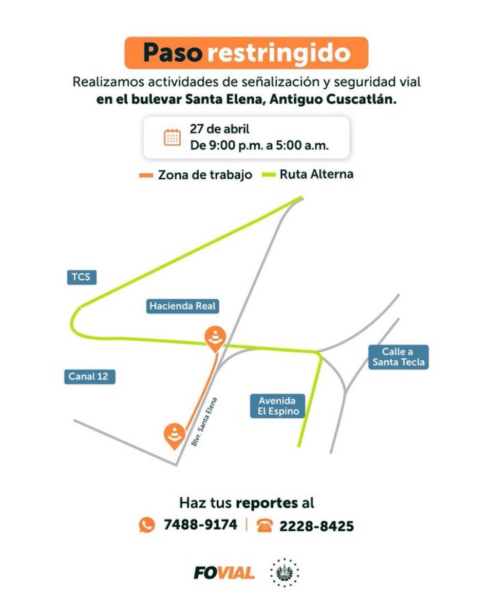 #TráficoSV| Habrá paso restringido esta noche en el bulevar Santa Elena por trabajos de señalización, informó FOVIALITO.

El cierre parcial será en el tramo desde la carretera Panamericana hacia el acceso a Santa Elena, en horario de 9:00 p.m. a 5:00 a.m. Se recomienda precaución