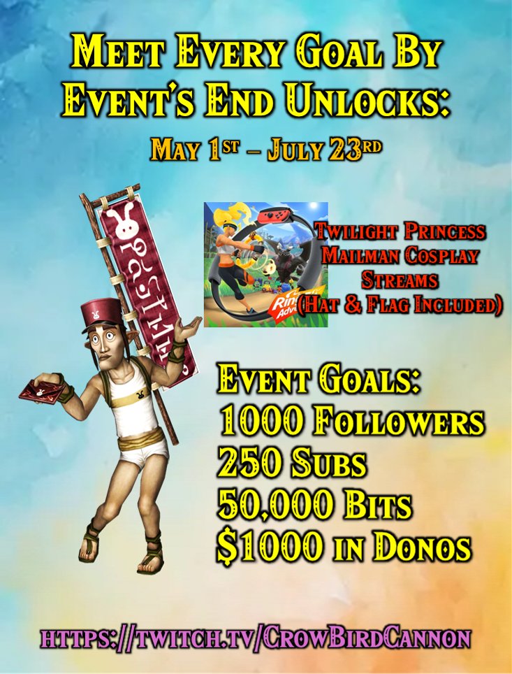 CrowbirdCannon's tweet photo. Everything has a goal, and if every single goal is met, I'll do a stream series of Ring Fit Adventure cosplaying as the mailman from Twilight Princess; hat, flag, and all! https://t.co/bXP4qEAjCx