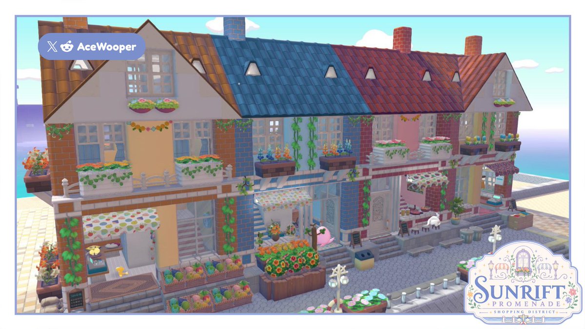AceWooper's tweet photo. I built a coastal shopping district 🛍️🌊 in Bleak Beach based on Amsterdam + Mediterranean seaside towns.
Inspired by @May_orangeto seaside market + @pokopokemokapo coastal villas, I reworked both into one connected promenade.
#Pokemon #PokemonPokopia #Pokopia #Pokopiabuild https://t.co/sFDCfiuWlK