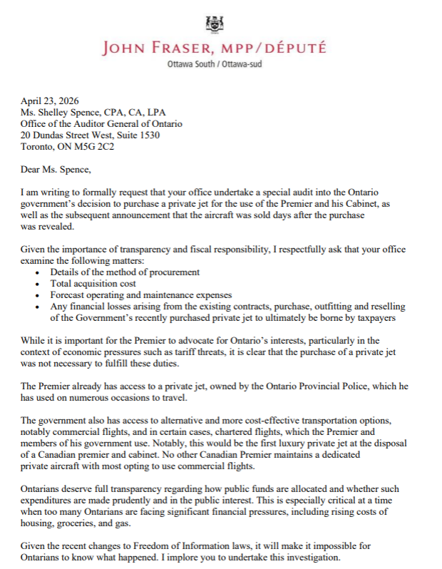 ColinDMello's tweet image. NEW: The Ontario Liberals have now also written to the Auditor General, asking for special audit into the Ford government's purchase of a jet.

One week after selling the jet to Bombardier, the government has yet to provide purchase/sale docs. 

#onpoli
