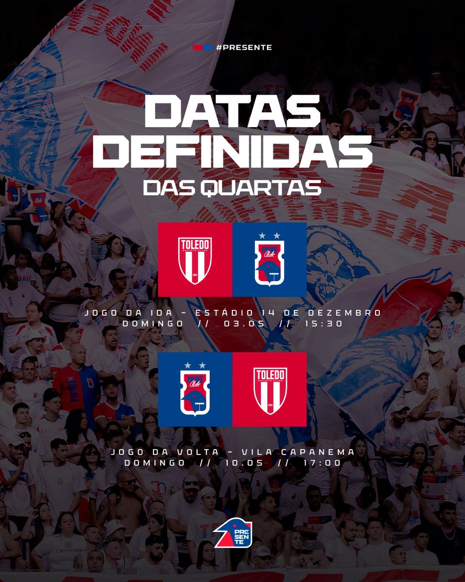 🗓️ As datas dos nossos jogos das quartas de final foram confirmadas pela Federação Paranaense de Futebol. 

➡️ A ida será neste domingo (3), às 15h30, em Toledo, enquanto a volta será no dia 10 de maio, também domingo, às 17h, na Vila Capanema. 

🔴🔵 Avante, meu Tricolor! 💪