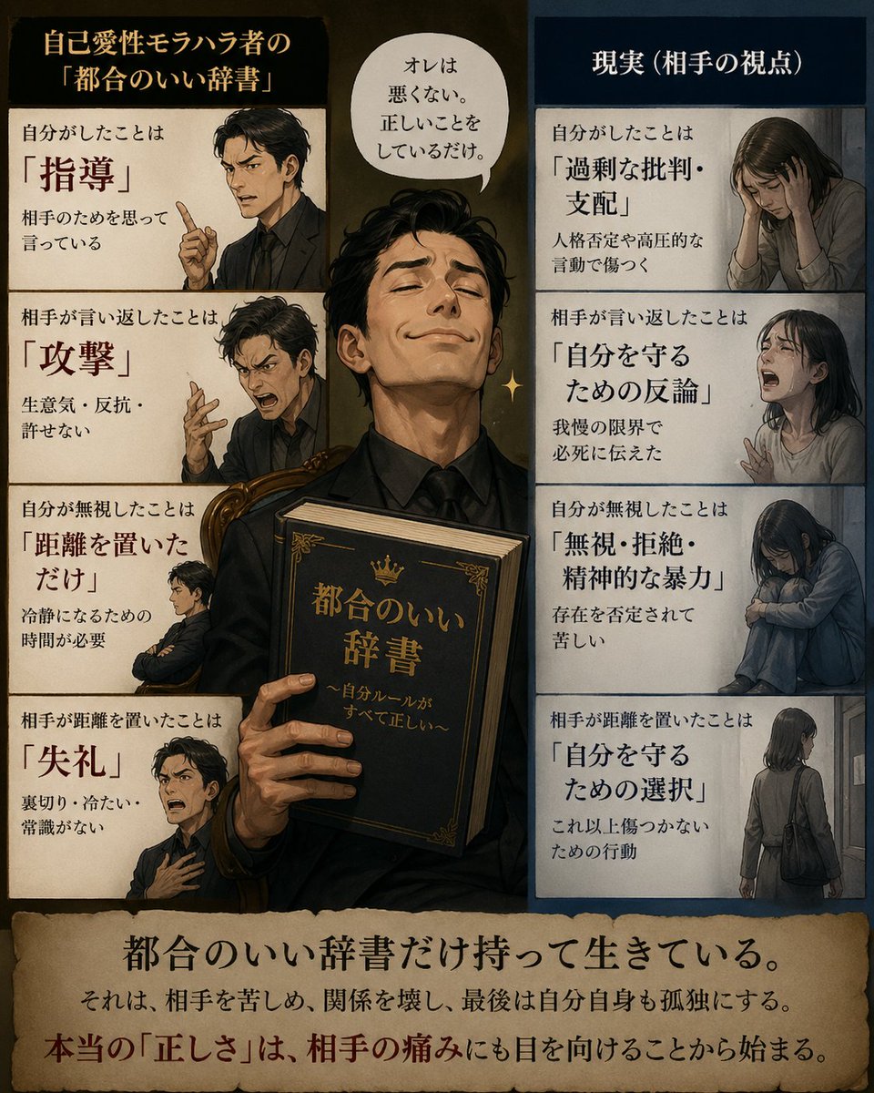 自己愛性モラハラ者は、
自分がしたことは「指導」
相手が言い返したことは「攻撃」
自分が無視したことは「距離を置いただけ」
相手が距離を置いたことは「失礼」
都合のいい辞書だけ持って生きている。
