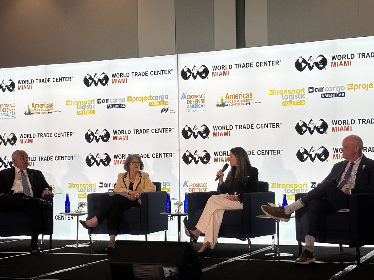 PortMiami's tweet photo. Proud to participate in @WTCMiami’s #StateofthePorts! Miami-Dade County @MayorDaniella, COO Jimmy Morales, #PortMiami Director &amp; CEO Hydi Webb &amp; @iflymia Director &amp; CEO Ralph Cutié sat down for a discussion on PortMiami &amp; MIA’s role in economic growth, global trade &amp; innovation. https://t.co/7HRDwlRN0M