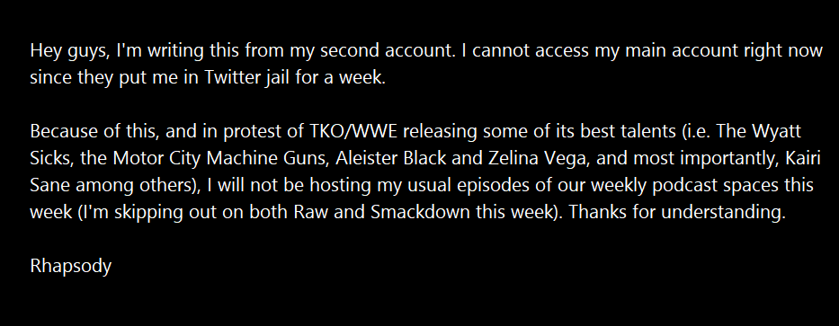 Important announcement from <a href="/rhapsodyshadow/">rhapsody season | #WeWantKairi</a>: 

To my friends <a href="/Ambrose_Clown/">Quinn 🍉</a>, <a href="/Mzbribri2010/">Petty B With Da Tea</a>, <a href="/BellaArmy4L_/">Demetra</a>, <a href="/cardinalsbird/">Si-Ray</a>, <a href="/RealMirabelsimp/">🤍✩ ßintu ✩🤍</a>, and <a href="/literallydolanz/">x - destiny</a> among others.

I'll be back on Twitter on Saturday. :)