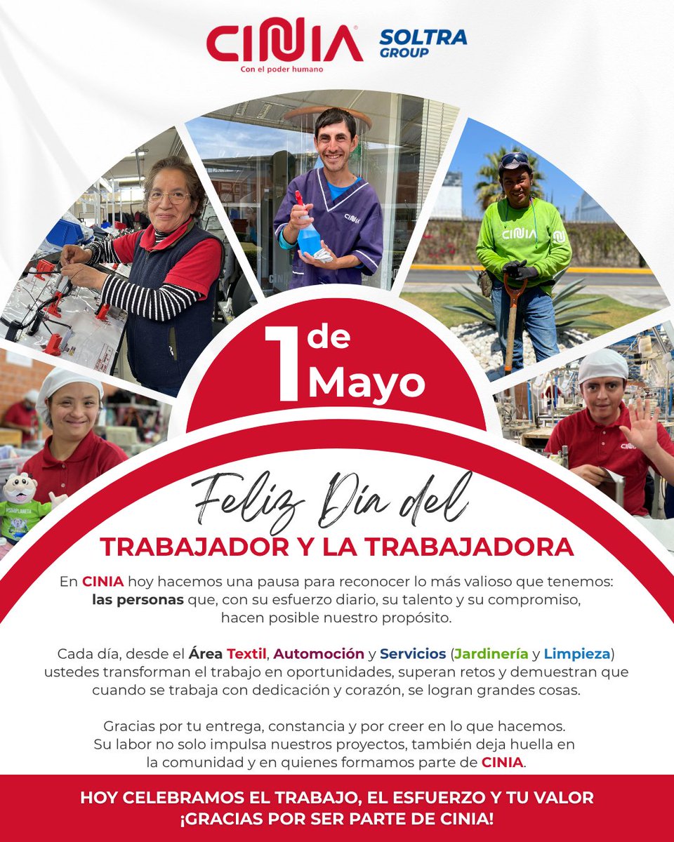 CINIADEMEXICO's tweet photo. En este 1.º de mayo, celebramos a quienes hacen posible CINIA con su talento, esfuerzo y compromiso diario.
Gracias por transformar el trabajo en oportunidades y dejar huella en nuestra comunidad.
💙 #FelizDíaDelTrabajo #OrgulloCINIA #ConElPoderHumano https://t.co/Mqh6k8WvR0