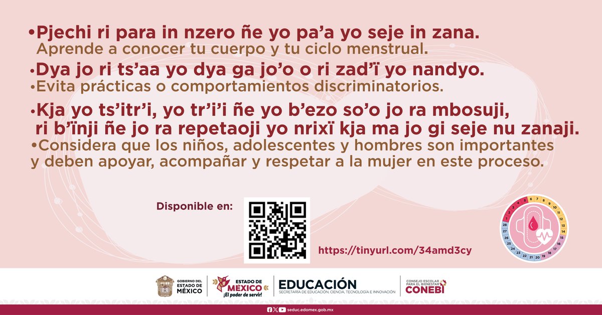 CONEBIedomex's tweet image. Con el fin de romper barreras, estigmas y prejuicios acerca del periodo menstrual🩸, te invitamos a conocer y descargar el cartel “¿Sabes qué es la gestión menstrual? Entendiendo las reglas” bilingüe (mazahua-español) en💻👉tinyurl.com/34amd3cy o escaneando el QR.
#SomosCONEBI