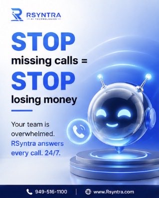 Rsyntra's tweet photo. Every missed call is a lost customer.
Most businesses don’t even realize how much revenue they’re losing.

RSyntra makes sure that never happens again.

📞 Answers instantly
📅 Books appointments
🎯 Filters real leads

👉 DM “AI” to see a live demo

#Rsyntra https://t.co/YHXAOCjTqr