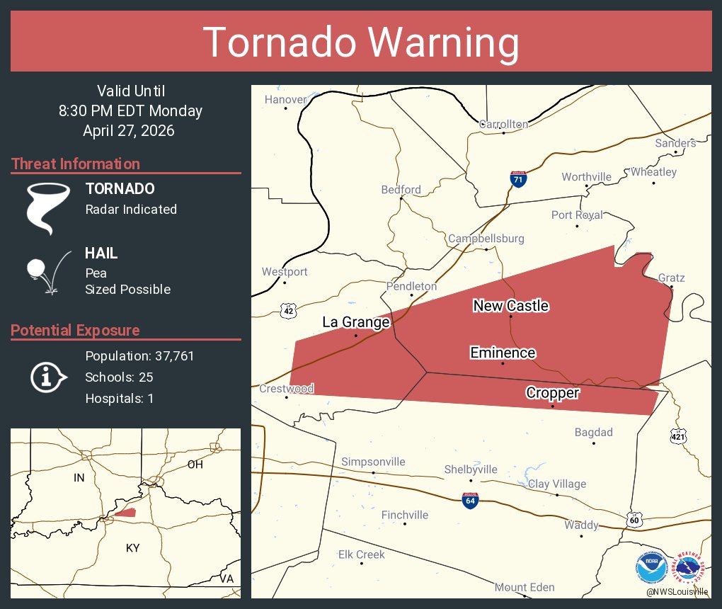 NWSLouisville's tweet photo. Tornado Warning including La Grange KY, Buckner KY and  Eminence KY until 8:30 PM EDT https://t.co/cBfUkKQBWr