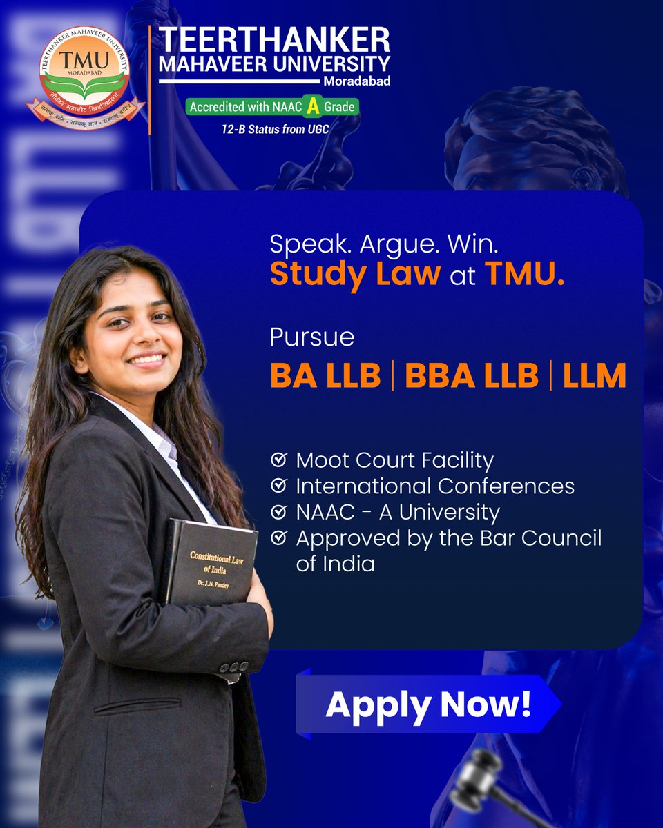 Tmumbd's tweet image. Curious about a career in law and the power to shape justice? Step into a world where knowledge meets advocacy. Build strong legal foundations, develop critical thinking, and open doors to endless opportunities.
.
#AdmissionsOpen #LawEnforcement #lawyer #bestprivateuniversity