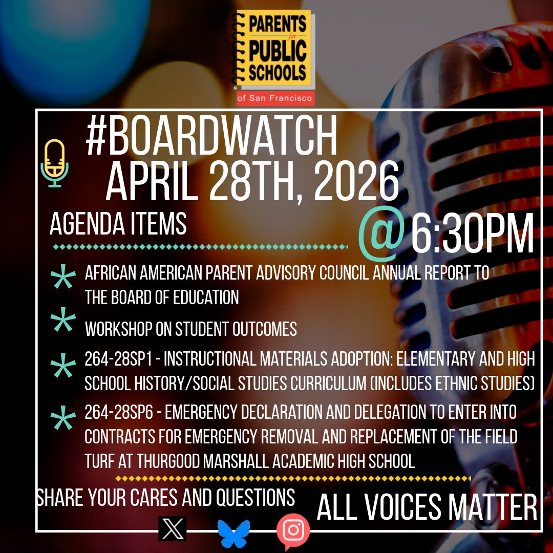 ppssf's tweet photo. #BoardWatch — Apr 28, 2026 • 6:30 PM. Agenda highlights: AAPAC annual report; workshop on student outcomes; adoption of history/social studies (incl. ethnic studies); emergency turf replacement at Thurgood Marshall HS. Share your cares — all voices matter. #PPSSF #SFUSD https://t.co/51RWKkCIWa