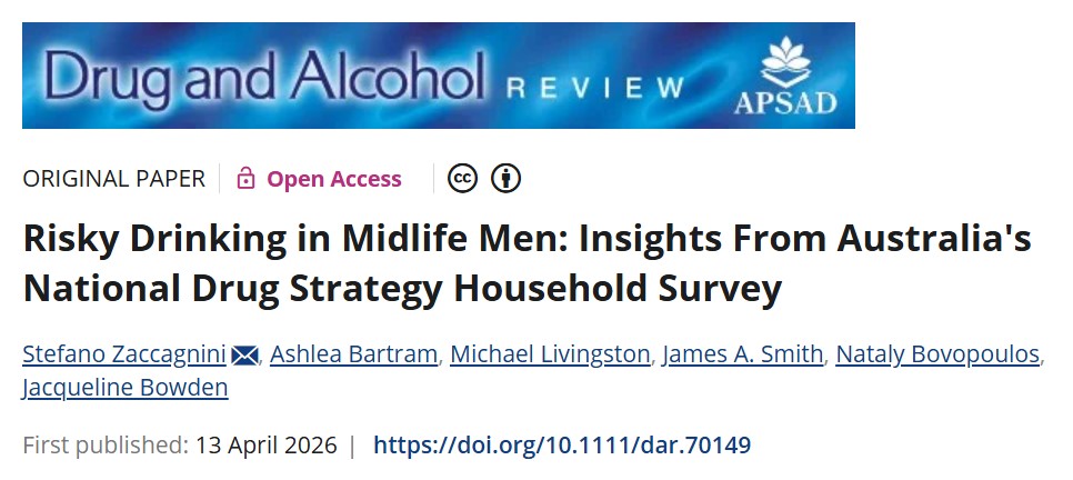 NCETAFlinders's tweet image. Congratulations to Stefano Zaccagnini on publishing his first paper in Drug and Alcohol Review 🎉 

This is a fantastic achievement and an important contribution to understanding high‑risk drinking in midlife men. 

Read here: onlinelibrary.wiley.com/doi/abs/10.111…

#ADF #MensHealth #Alcohol