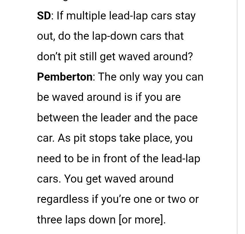 edwards_daniel's tweet photo. @mearstalgia @NickBrincks @tyva90 @horn_conor @DustinAlbino @bobpockrass You might be thinking of other rules. Wave arounds only began in 2009 when they went to double file restarts. Here is an excerpt of the interview with Robin Pemberton when they introduced this. Source: https://t.co/CejxjGFMbo https://t.co/Wqhhtj6wej