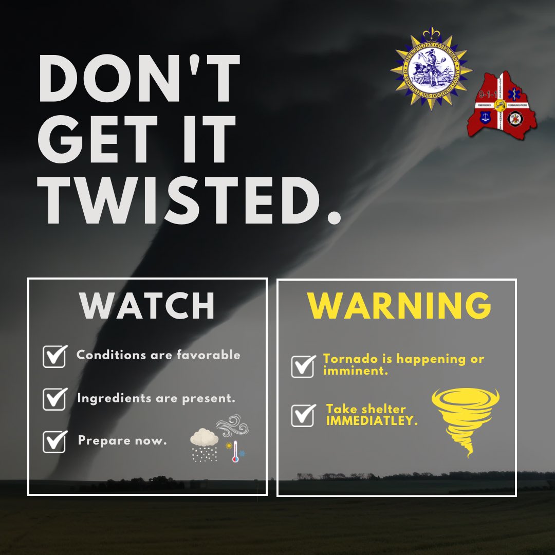 Nashville911's tweet image. Nashville and Davidson County are included in a Tornado WATCH issued by the National Weather Service Nashville until 5:00 AM CDT, Monday April 28, 2026.

A Tornado WATCH means conditions are favorable for tornadoes. Stay #WeatherAware and have a shelter plan ready.