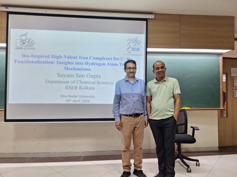 snuchemistry's tweet photo. Great discussions in chemistry at Shiv Nadar University, Delhi NCR. 

Prof. Sayam Sen Gupta (IISER Kolkata) delivered an insightful colloquium on high-valent iron complexes and HAT mechanisms on 27 April 2026.

Thank you to all who made it engaging!

#Chemistry #Research https://t.co/nvTvthaETd