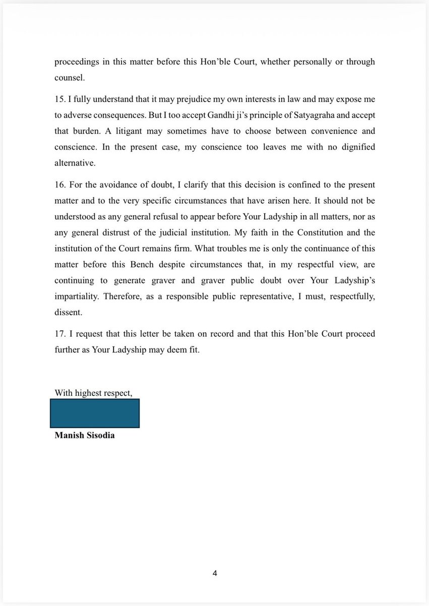 msisodia's tweet image. पूरे सम्मान और आदर के साथ, मैंने दिल्ली हाई कोर्ट की माननीय जस्टिस  स्वर्णकांता शर्मा जी को पत्र लिखकर निवेदन किया है कि, वर्तमान परिस्थितियों में, मेरी अंतरात्मा मुझे इस मामले की कार्यवाही में उनके समक्ष, आगे भाग लेने की अनुमति नहीं देती।

मेरे लिए यह किसी व्यक्ति विशेष का