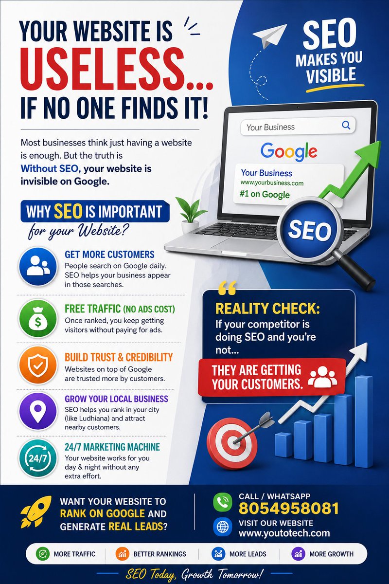 youtotech's tweet image. 🚫 Your Website is Useless… If No One Finds It!

📈 Want your website to rank on Google and generate real leads?

📞 Call/WhatsApp: 8054958081
🌐 youtotech.com

#SEO #DigitalMarketing #WebsiteDesign #GoogleRanking #LocalBusiness