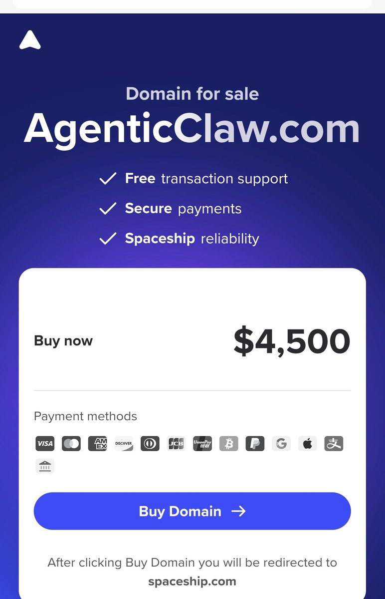 I have to say, this is a very promising domain. It’s worth the price. If you're interested in it, just go ahead and buy it.
AgenticClaw.com

#domains #agentic #openclaw