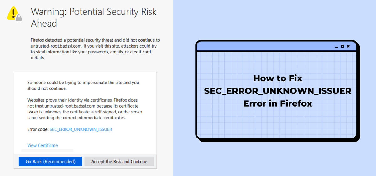 WeSSLInsights's tweet photo. 🔒 Fix SEC_ERROR_UNKNOWN_ISSUER in Firefox

⚠️ Firefox's SEC_ERROR_UNKNOWN_ISSUER means it can't verify the certificate's chain - most often a missing intermediate CA file on your server.

Fix it: https://t.co/GlANNrXHh0

#Firefox #SSLError #SSLFix #WebSecurity #SSLInsights https://t.co/P2WSONYmbb