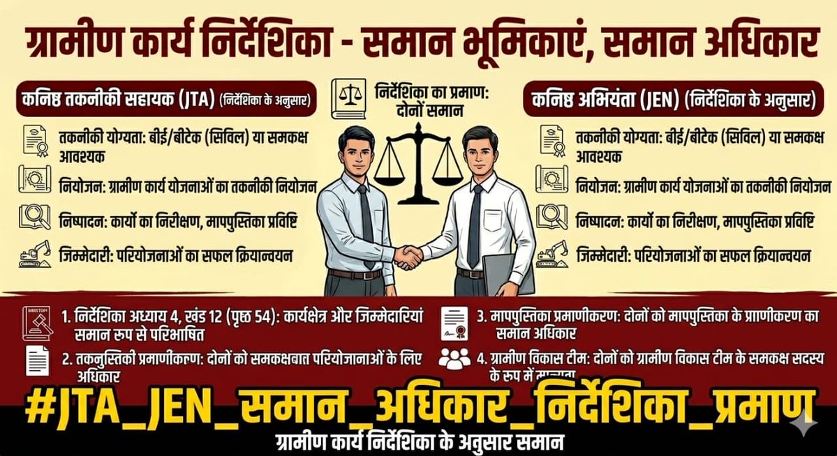 pardeepkhudia's tweet image. 14.04.2026 के आदेश को वापस लो और #JTA_JEN को समकक्ष करो।
संविदा प्रथा व शोषण बंद कर सेवा नियम बनाकर नियमितीकरण करो।
न्याय नहीं मिला तो 16 अप्रैल से अनिश्चितकालीन हड़ताल जारी रहेगी।
एकता ही हमारी शक्ति है।
#JTA_JEN_समकक्ष_करो #Regularization #RuralDevelopment 
#JTA_JEN_समकक्ष_करो