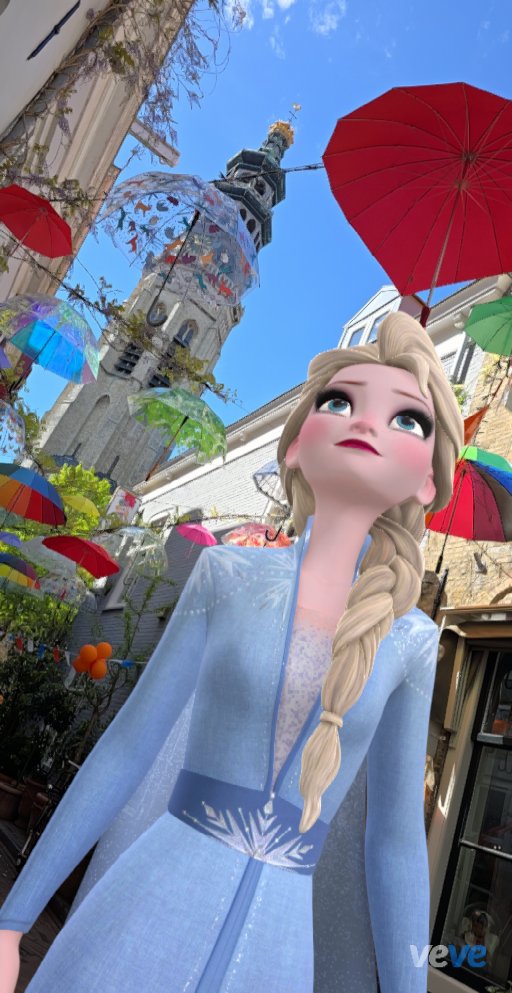 Marconveve's tweet image. Just letting her inner light shine on this perfect spring day. ☀️💐 The colors on Umbrella Street really make this Veve collectible pop! #Elsa #Frozen #Veve #Disney #Spring #AR #DigitalCollectibles