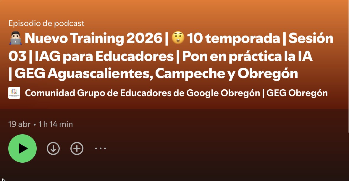 javierbalan's tweet image. #NewsUpdate

¿Ya escuchaste 🎧 🎤 #Webinar 10a. temporada #GEGObregon | Sesión 3: Pon en práctica la #IA |

Curso certificación sobre IAG para educadores | #GCE 2026

Link  #Spotify open.spotify.com/episode/3zTebr…

#edtech @GoogleForEdu #Podcast

@Gegprogram
@GegObregon
@GeminiApp