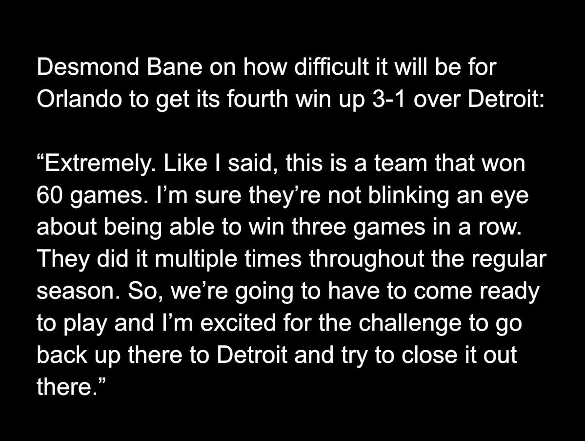 therealBeede's tweet image. “Extremely,” #Magic guard Desmond Bane said about how difficult it’ll be to get a 4th win vs. DET. “This is a team that won 60 games … So, we’re going to have to come ready to play and I’m excited for the challenge to go back up there to Detroit and try to close it out there.”