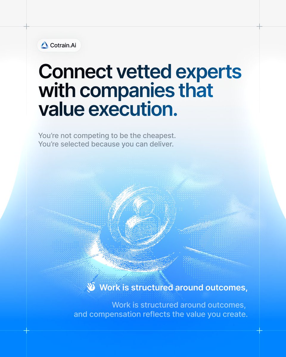 cotrainai's tweet photo. Most marketplaces are built around search. You type, scroll, compare, and guess.

That process looks like choice, but it’s actually uncertainty. You’re relying on profiles, claims, and experts that haven’t been verifed.

That’s why hiring takes time. Not because talent is scarce, but because validation happens after the decision.

CoTrain changes where that work happens.

Experts are screened before they ever enter the marketplace. Interviews, verification, and real evaluation happen upfront, not after you hire.

Top operators from around the world are brought in and held to that same standard. Not everyone gets access.

So you’re not filtering through options. You’re choosing from a pre-qualified pool where the baseline is already set.

That removes the guesswork.

CoTrain

Where vetted experts connect with companies that value execution.