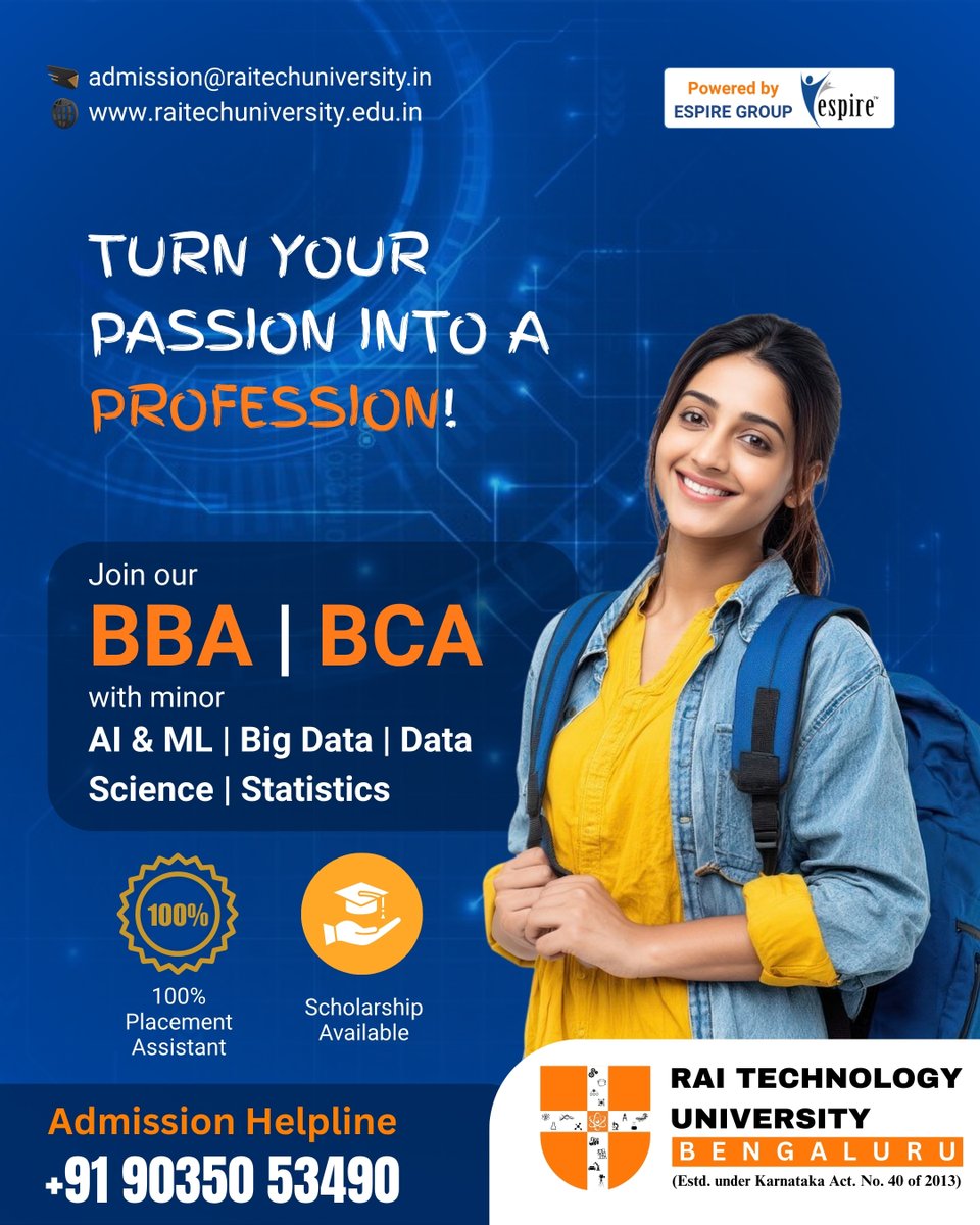 Raitechuniver's tweet image. Join BBA or BCA. Admissions open now. Apply today!

#AdmissionsOpen #BBA #BCA #ApplyNow #CollegeLife #Bangalore #Students #ForYou #Trending