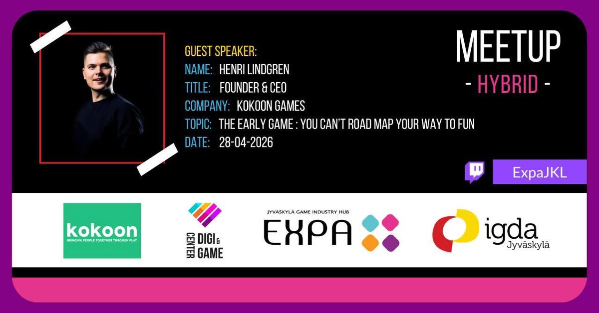 ExpaJKL's tweet photo. Peliosuuskunta Expa / IGDA Finland Jyväskylä Hub Meetup / 2026 (28.04.2026) – Henri Lindgren, CEO, Kokoon Games today 5.30pm at Digi &amp; Games Center

https://t.co/nlcfykdffC

#gamedev #IGDAJKL #Jyväskylä @JKLn_kaupunki https://t.co/tfGYAW6wQ4