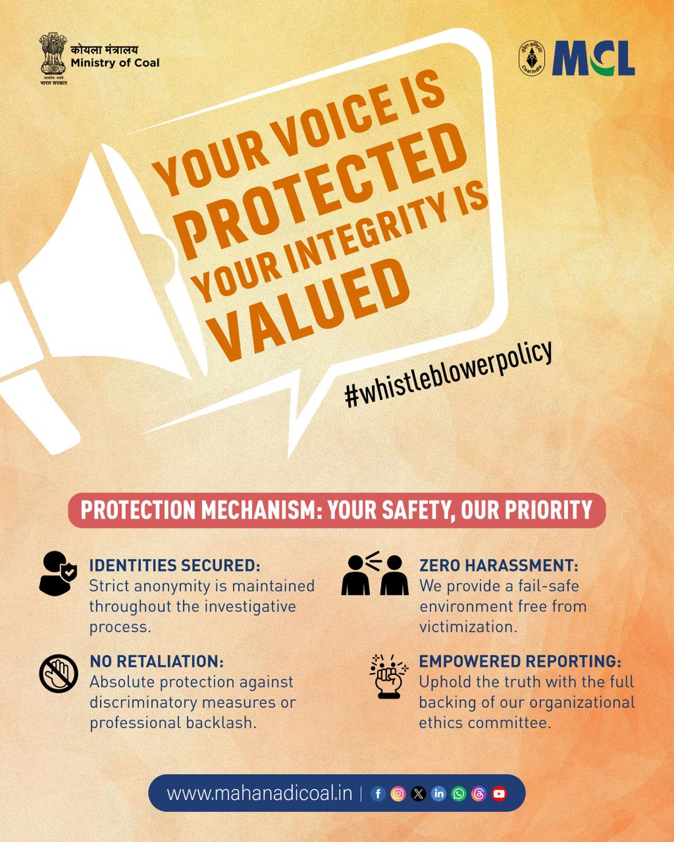 mahanadicoal's tweet image. Integrity begins when people feel safe to speak.

With Whistleblower Policy, every voice is protected, every concern is heard, and every report is handled with confidentiality and fairness.  

#WhistleblowerPolicy #EthicalLeadership #Integrity #Compliance #Transparency
