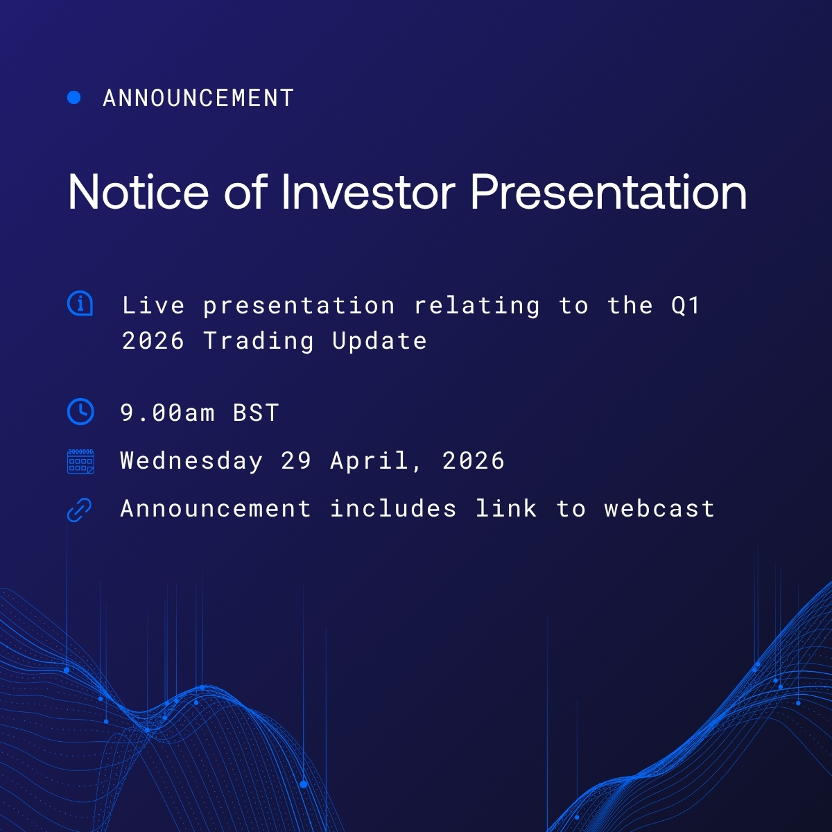 _CapitalLimited's tweet photo. 📣 Attention Shareholders

We will provide a live presentation relating to the Q1 2026 Trading Update via the Investor Meet Company platform on 29th April 2026 at 9:00am BST.

The presentation is open to all existing and potential shareholders, as well as analysts. Questions can be submitted pre-event via the Investor Meet Company dashboard up until 29th April 2026 at 9:00am BST, or at any time during the live presentation.

Investors can sign up to Investor Meet Company for free and add to meet Capital Limited via: https://t.co/tBYzRGVY3X

Read the announcement here: https://t.co/9TJ3IFRjmu

#CAPD #Capital #InvestorUpdate