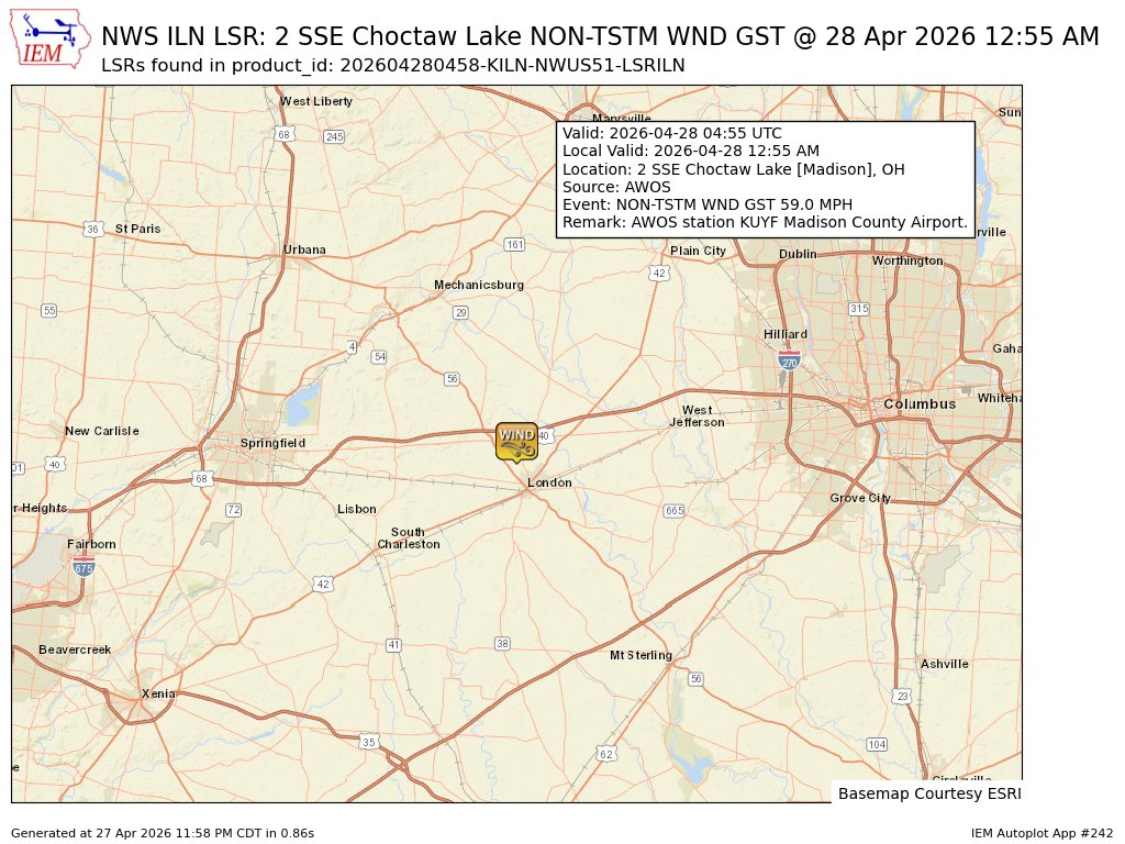 ds_wx03's tweet image. At 12:55 AM EDT, 2 SSE Choctaw Lake [Madison Co, OH] AWOS reports Non-Tstm Wnd Gst of M59 MPH. AWOS station KUYF Madison County Airport. #ohwx mesonet.agron.iastate.edu/lsr/?by=wfo&amp;amp;wf…
