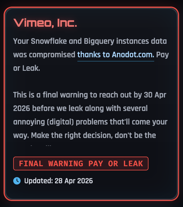 sonoclaudio's tweet photo. Presunti #DataLeaks utilizzando token di autenticazione di #Anodot.
Coinvolti numerosi clienti di #Snowflake, tra cui @Vimeo (rivendicazione del gruppo #ShinyHunters). https://t.co/bnBnVBIwBq