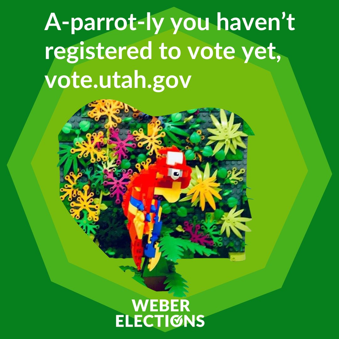 WeberElections's tweet image. A-parrot-ly you haven't registered to vote yet.
vote.utah.gov

#puns #LEGOART #lego #weberelections #utahelections #electionsutah #voterregistration