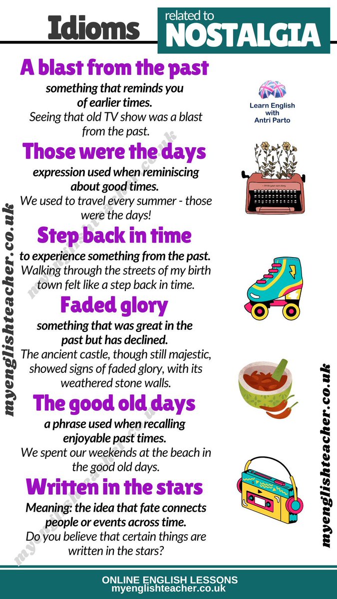 MyLinguaAcademy's tweet image. Learn phrasal verbs related to nostalgia
#learnenglish