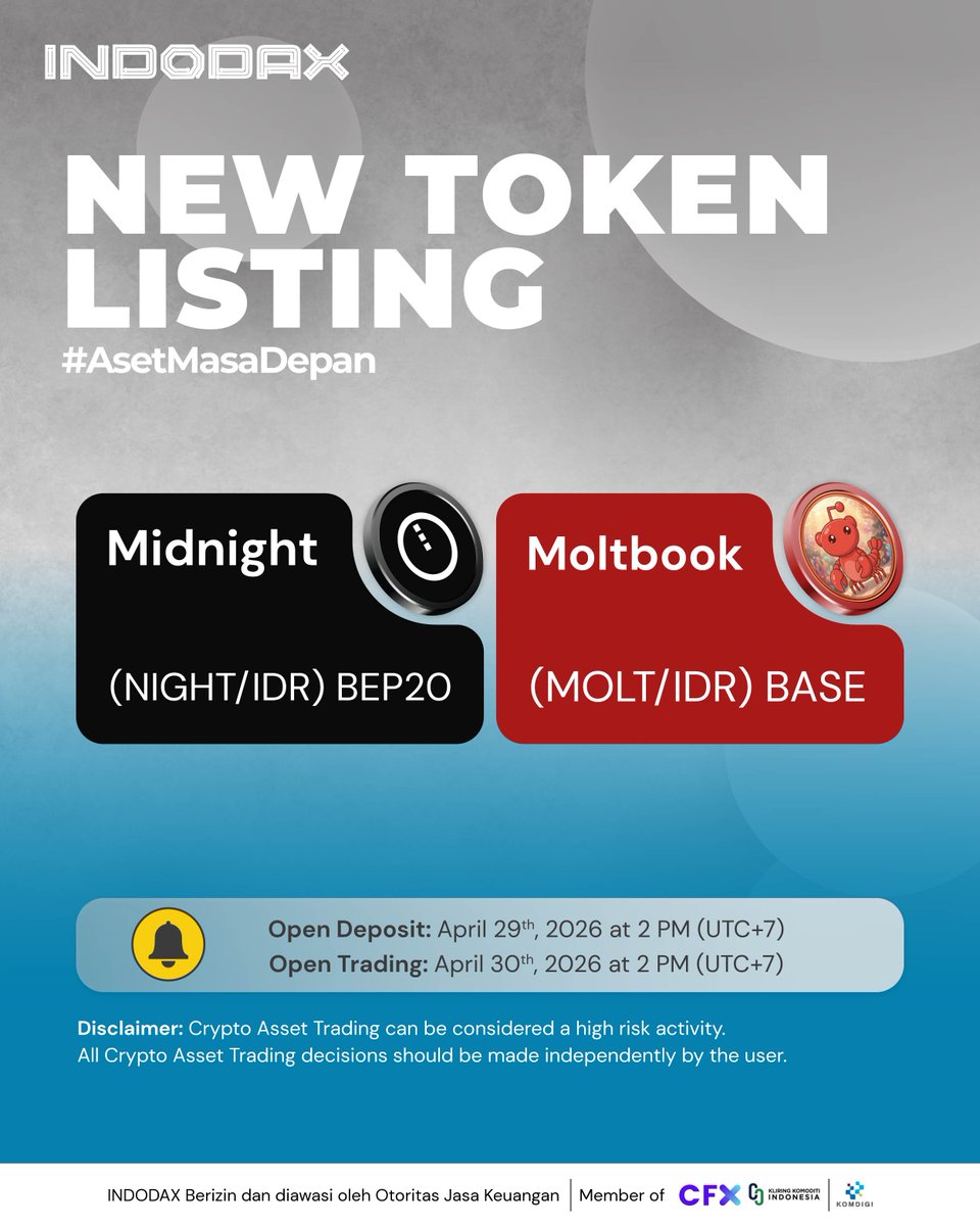 indodax's tweet photo. We are pleased to announce a new Crypto Asset that will be added to the INDODAX marketplace, Midnight (NIGHT) @MidnightNtwrk &amp; Moltbook (MOLT) @moltbook 
 
For more information https://t.co/5EMVCqqBoR 

#INDODAX #AsetMasaDepan https://t.co/edxsImfdPD
